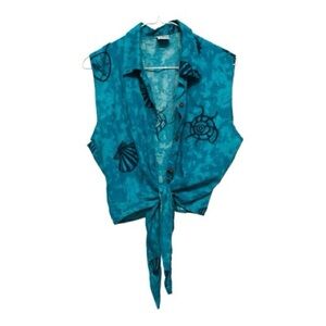 Vintage Sky Blue Teal Button Down Tie Front Sleeveless Top Large